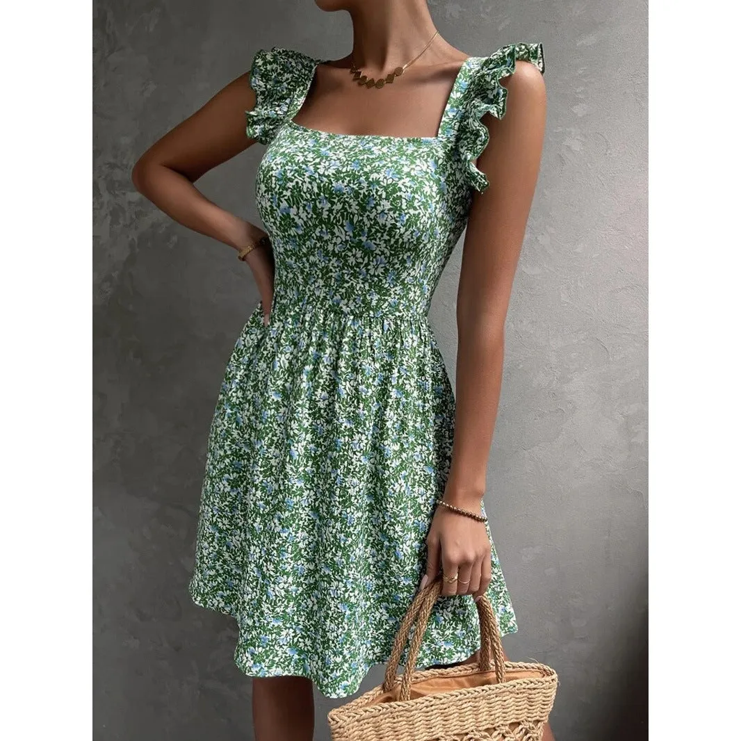 Voguable grunge dti New Women's Spring and Summer Square Collar Lotus Leaf Shoulder Bow Swing