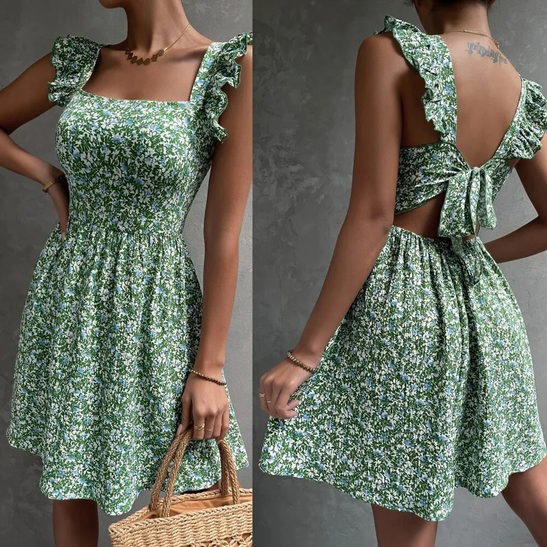 Voguable grunge dti New Women's Spring and Summer Square Collar Lotus Leaf Shoulder Bow Swing