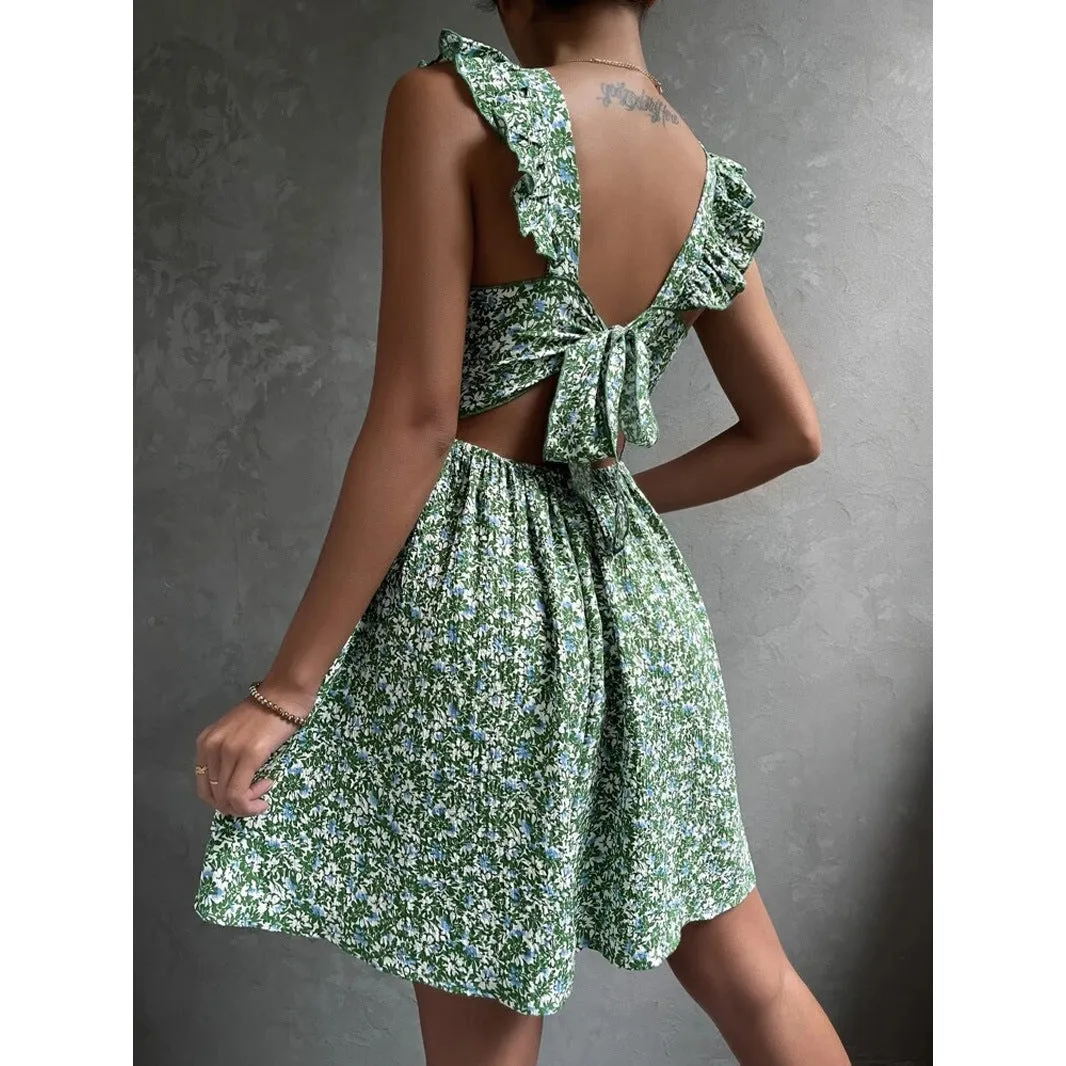 Voguable grunge dti New Women's Spring and Summer Square Collar Lotus Leaf Shoulder Bow Swing