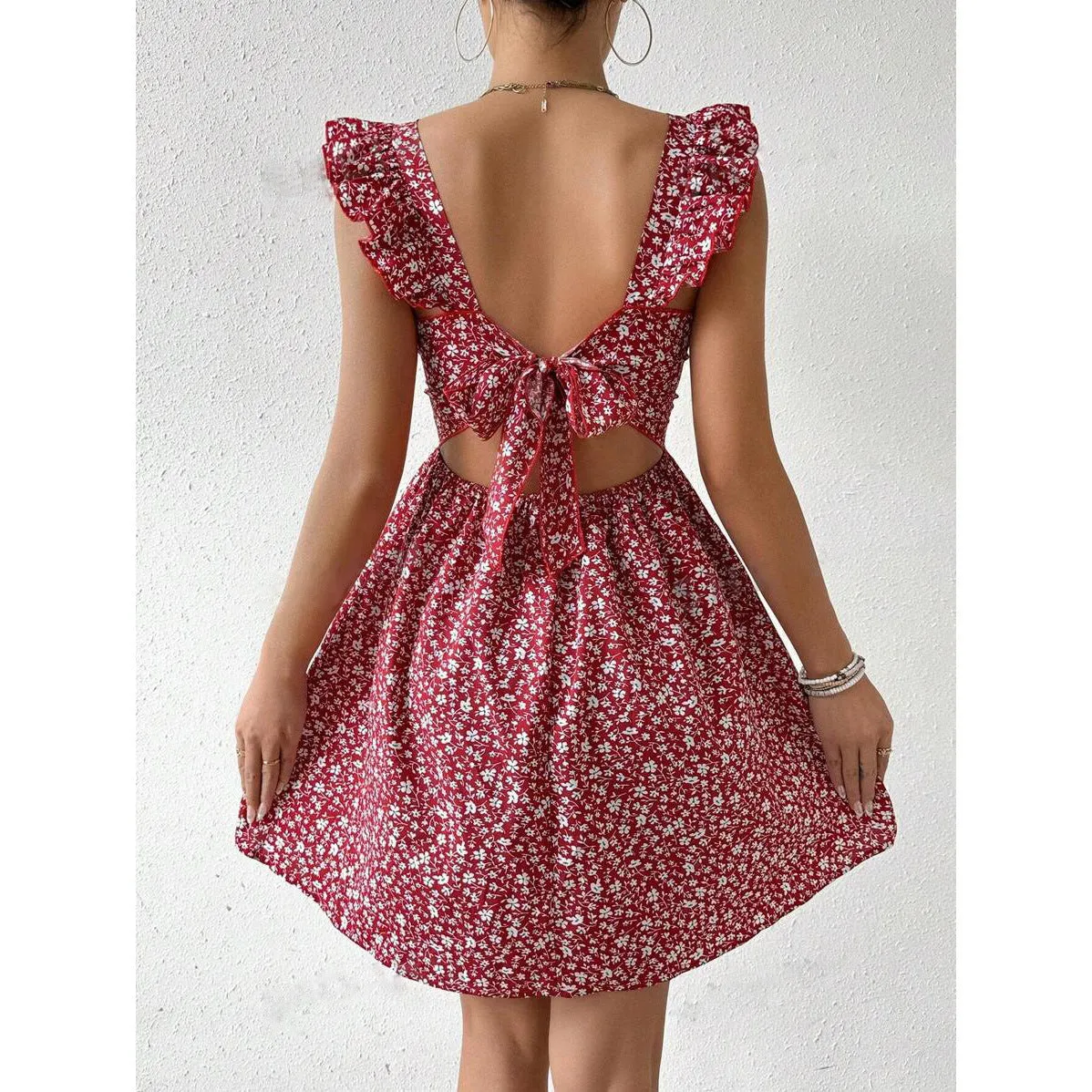 Voguable grunge dti New Women's Spring and Summer Square Collar Lotus Leaf Shoulder Bow Swing