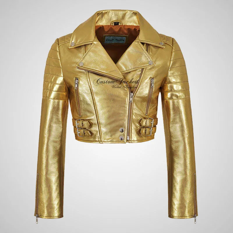 VOGUE Womens Leather Cropped Jacket Short Biker Jacket - Silver & Golden