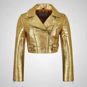 VOGUE Womens Leather Cropped Jacket Short Biker Jacket - Silver & Golden