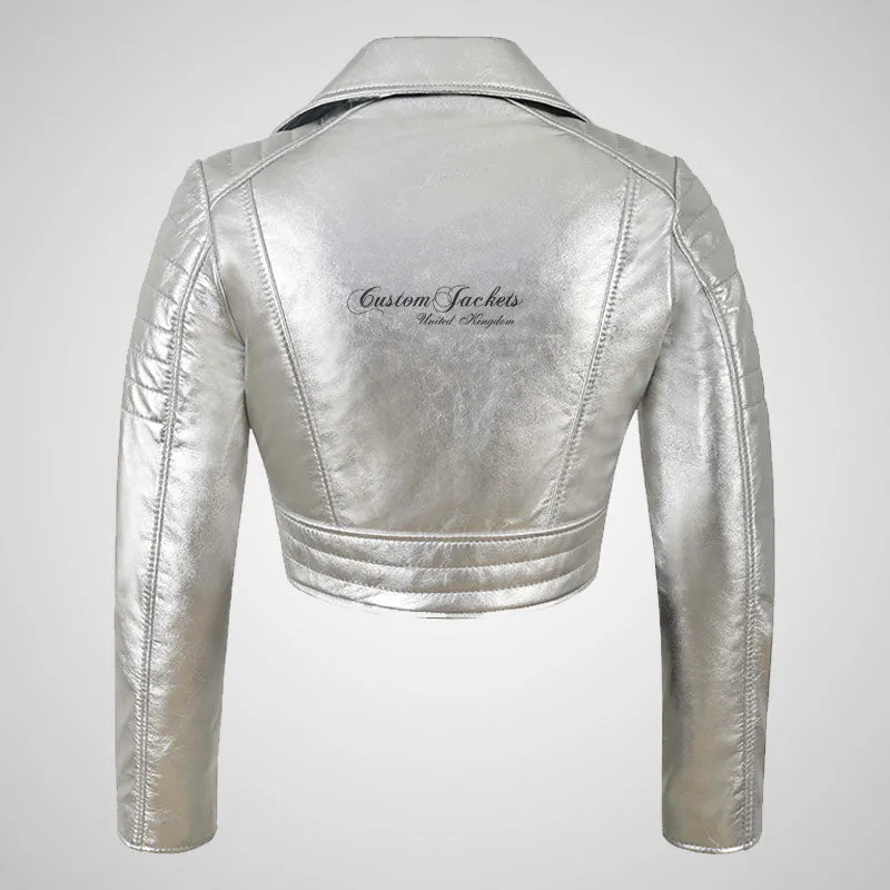 VOGUE Womens Leather Cropped Jacket Short Biker Jacket - Silver & Golden