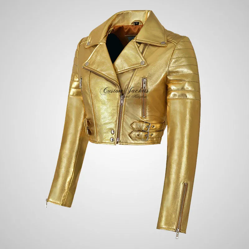 VOGUE Womens Leather Cropped Jacket Short Biker Jacket - Silver & Golden