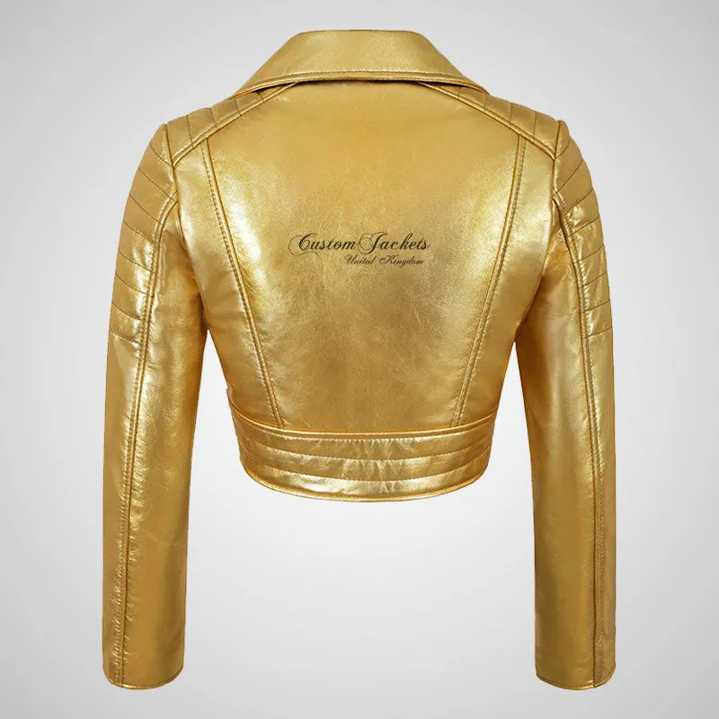 VOGUE Womens Leather Cropped Jacket Short Biker Jacket - Silver & Golden