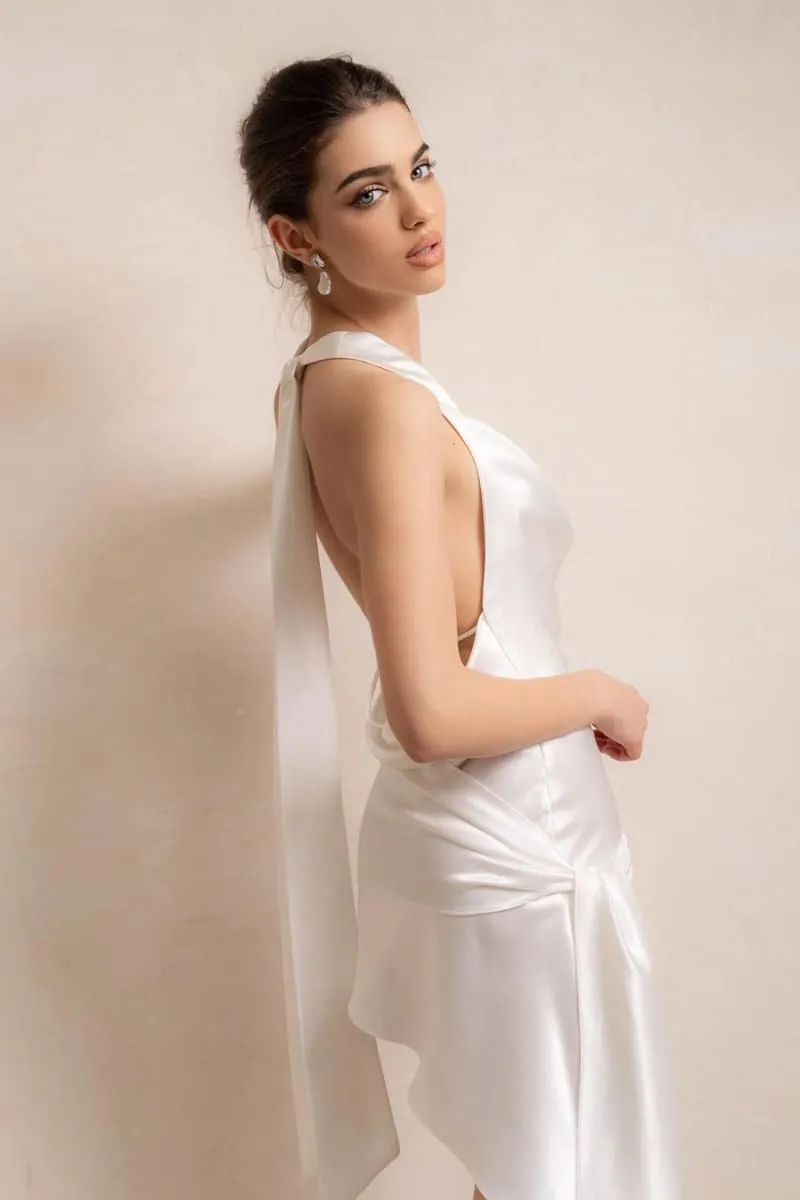 White Satin Cowlneck Short Dress
