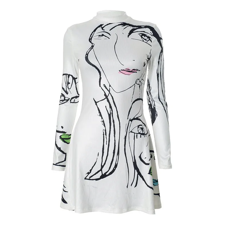 Women Portrait Line Printing Casual Long Sleeve Dress