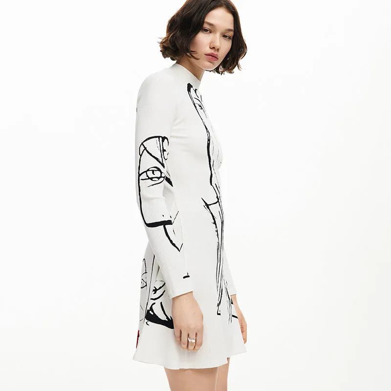Women Portrait Line Printing Casual Long Sleeve Dress
