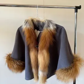 Women Short Grey Cape Woolen blend and trim fox fur