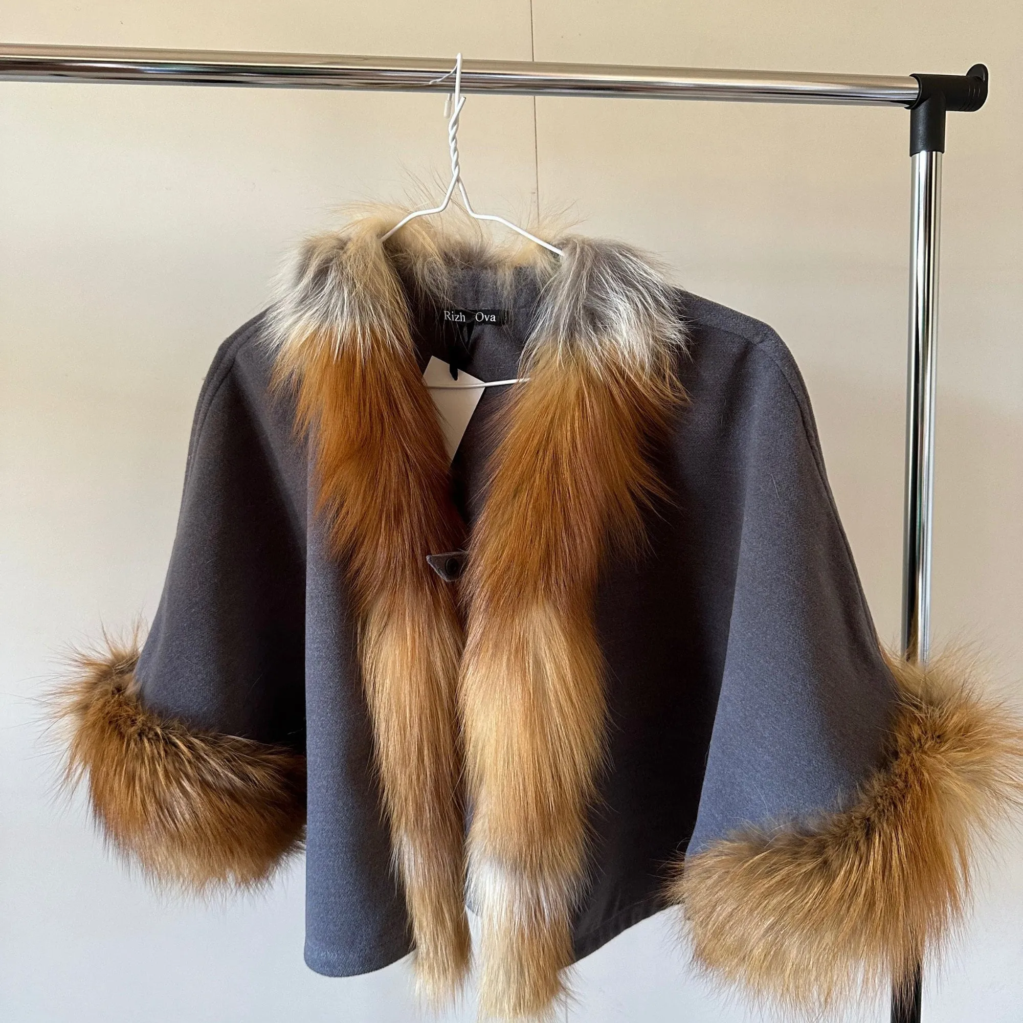 Women Short Grey Cape Woolen blend and trim fox fur