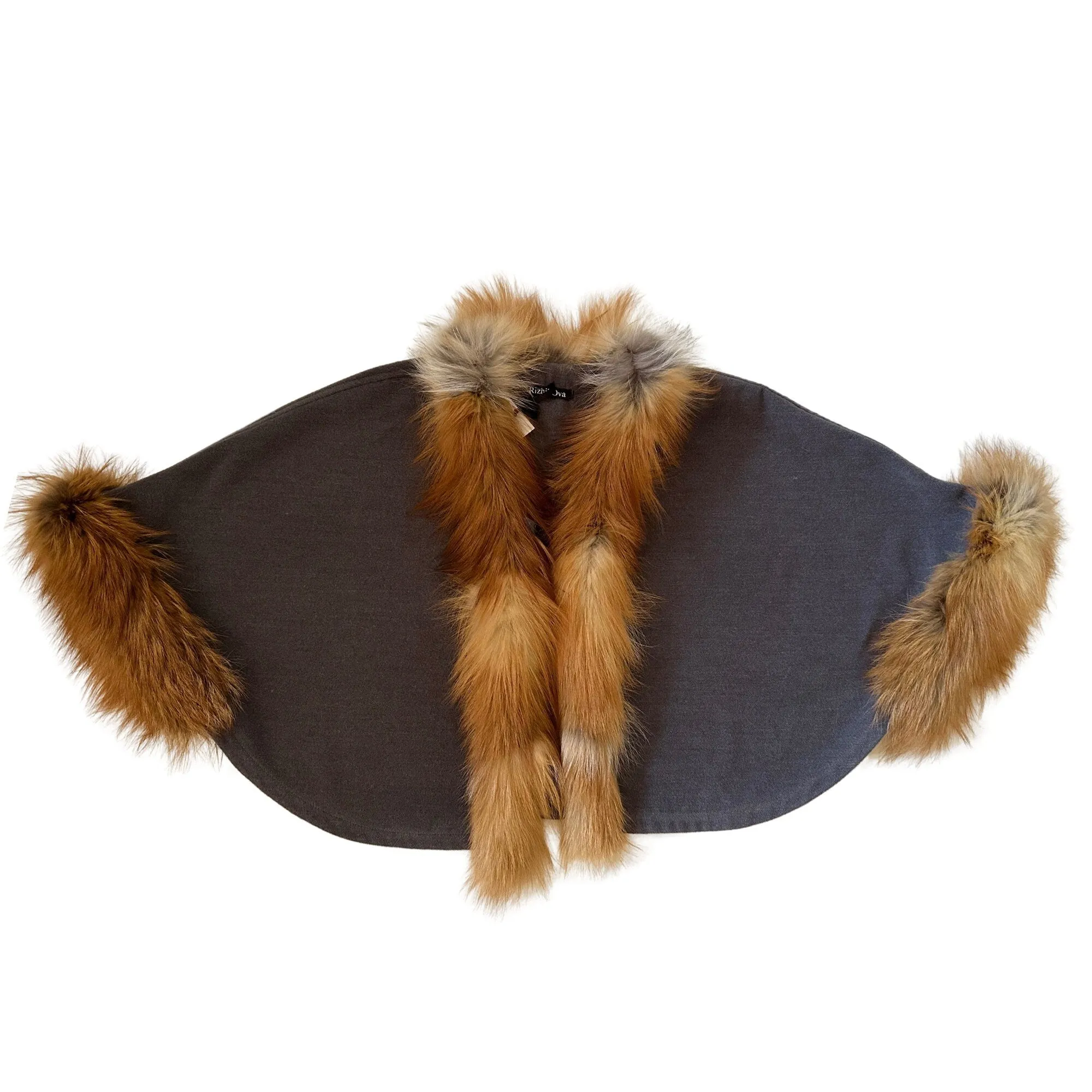 Women Short Grey Cape Woolen blend and trim fox fur