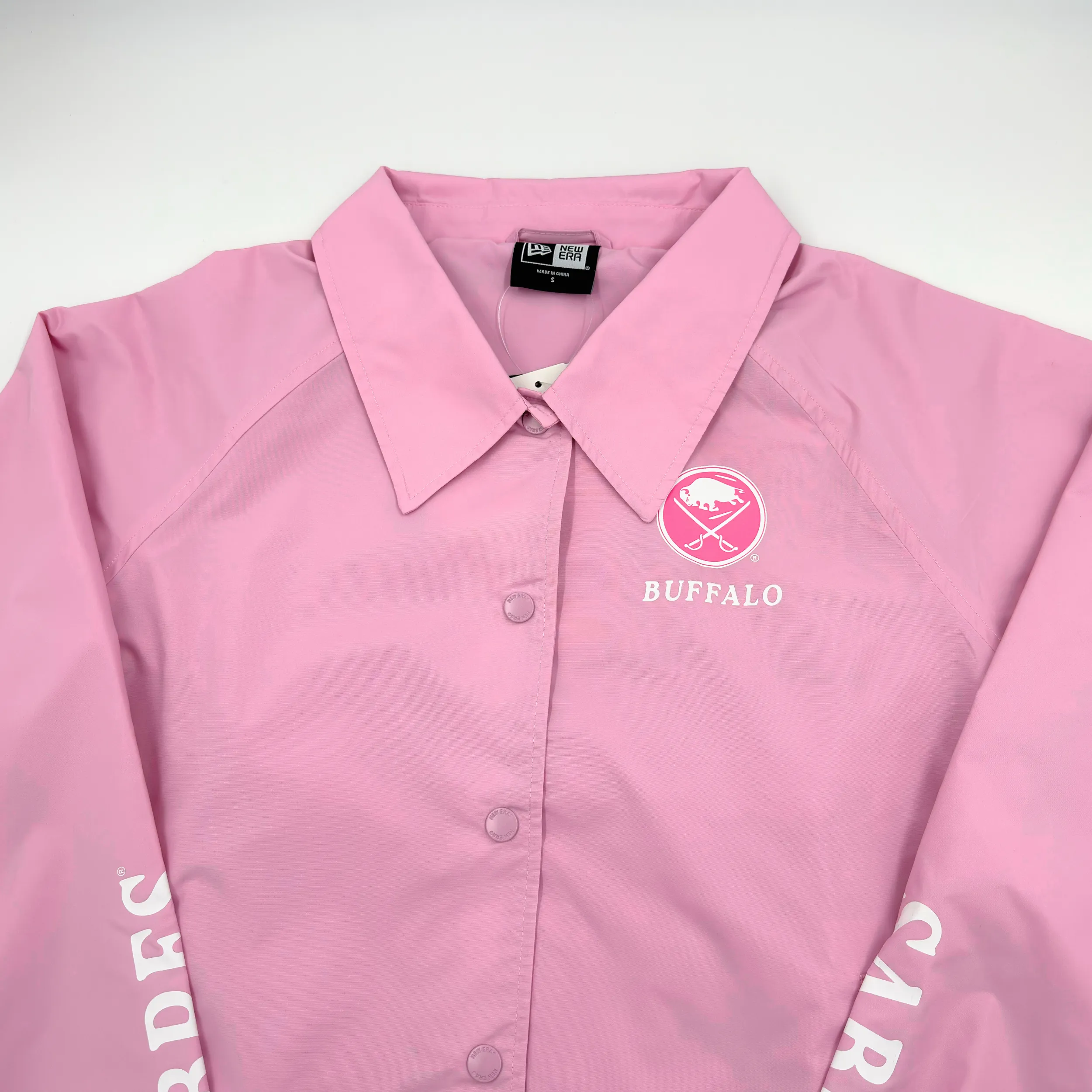 Women's New Era Sabres Pink Cropped Lightweight Button Jacket