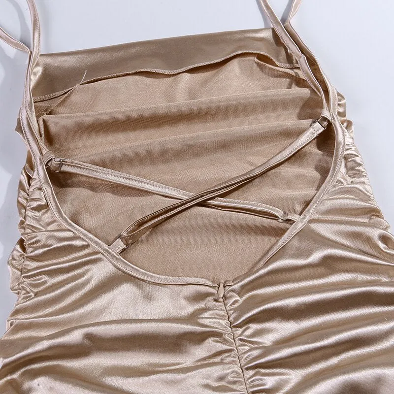 Women's Ruched Bodycon Silk Backless Mini Dress