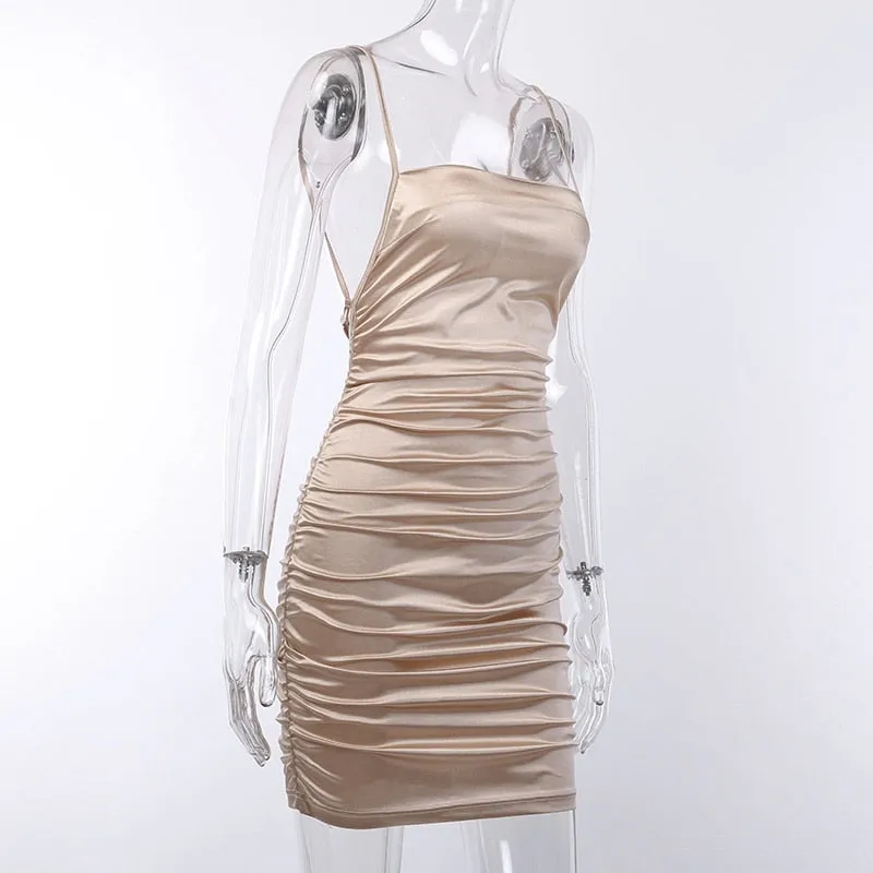 Women's Ruched Bodycon Silk Backless Mini Dress