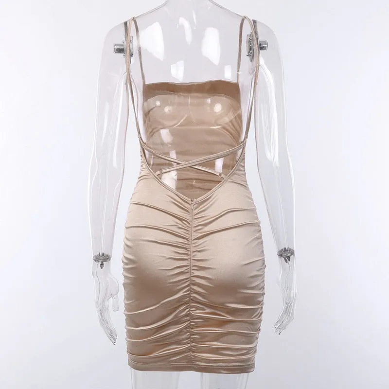 Women's Ruched Bodycon Silk Backless Mini Dress