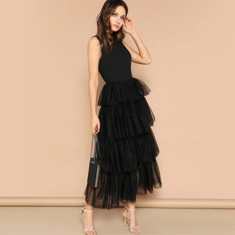 Women's Summer Sleeveless Layered Mesh Frilled Neck Dress