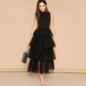 Women's Summer Sleeveless Layered Mesh Frilled Neck Dress