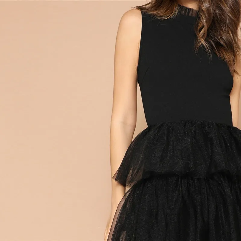 Women's Summer Sleeveless Layered Mesh Frilled Neck Dress