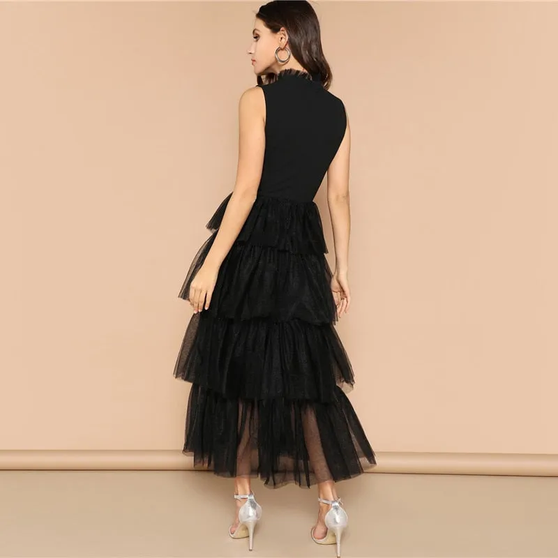 Women's Summer Sleeveless Layered Mesh Frilled Neck Dress
