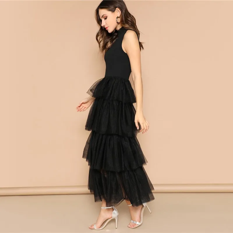 Women's Summer Sleeveless Layered Mesh Frilled Neck Dress