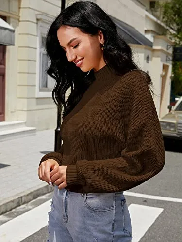 ZAFUL Women's Cropped Turtleneck Sweater Lantern Sleeve Ribbed Knit Pullover Sweater Jumper (1-Deep Brown, M)