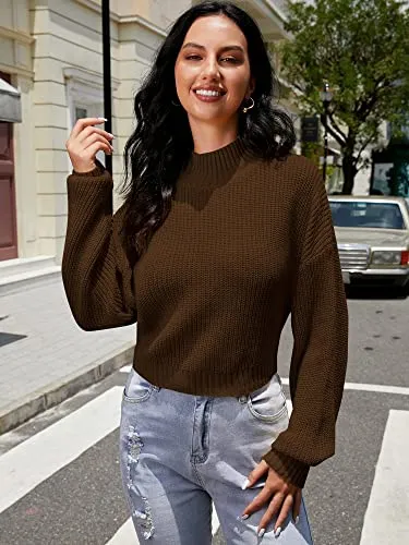 ZAFUL Women's Cropped Turtleneck Sweater Lantern Sleeve Ribbed Knit Pullover Sweater Jumper (1-Deep Brown, M)