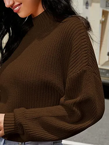 ZAFUL Women's Cropped Turtleneck Sweater Lantern Sleeve Ribbed Knit Pullover Sweater Jumper (1-Deep Brown, M)